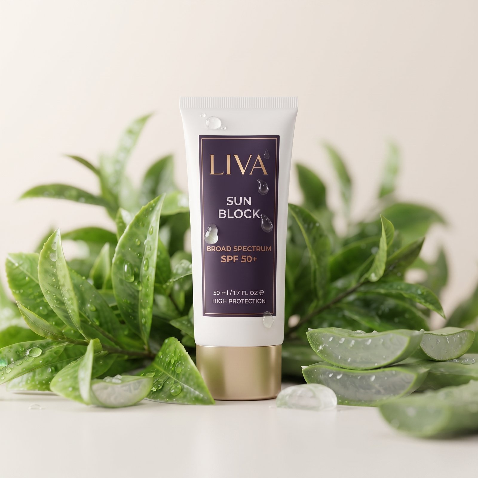 Botanical Shield Sunblock SPF 50+ bottle surrounded by natural botanical extracts and skincare ingredients