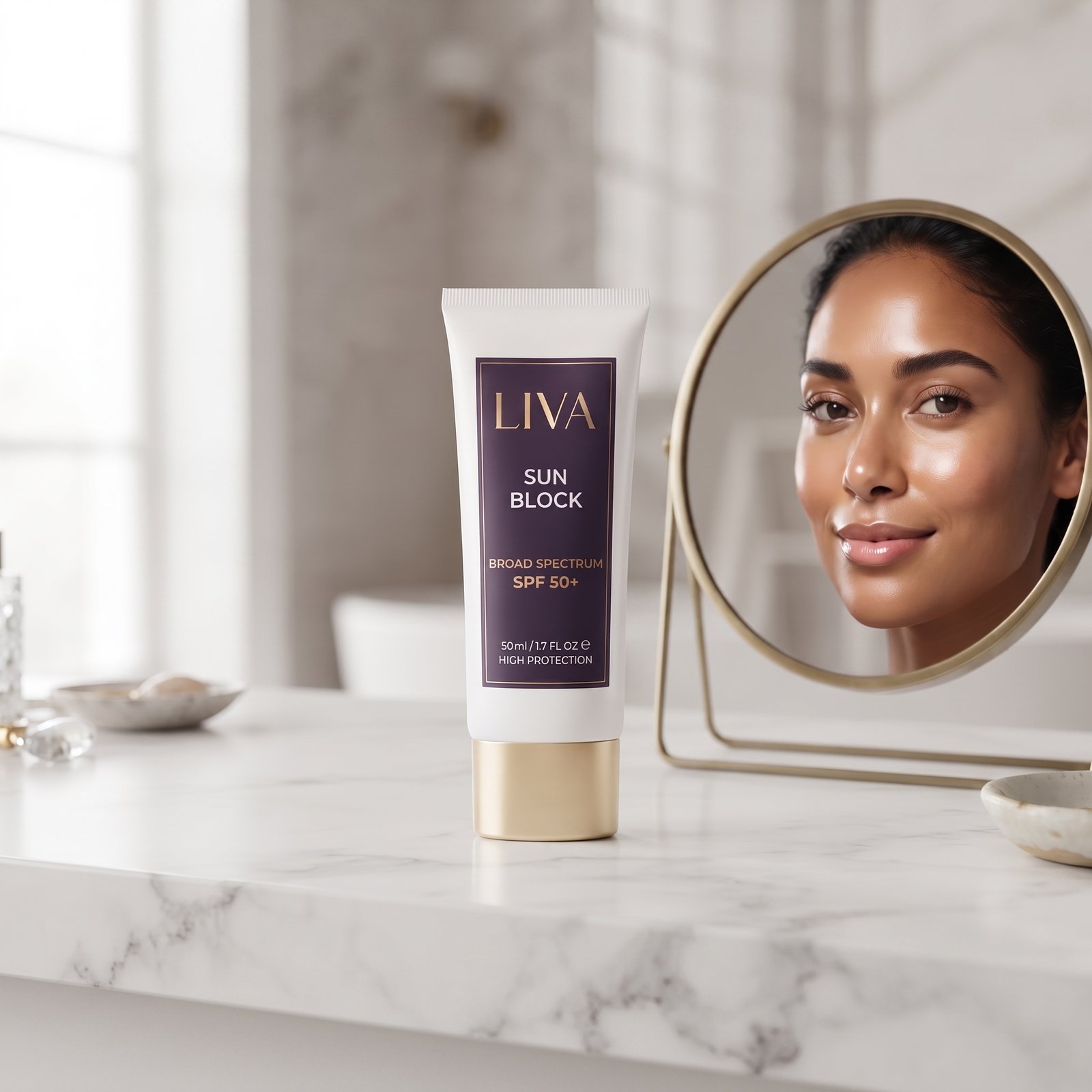 Botanical Shield Sunblock SPF 50+ sitting on a clean white marble bathroom vanity