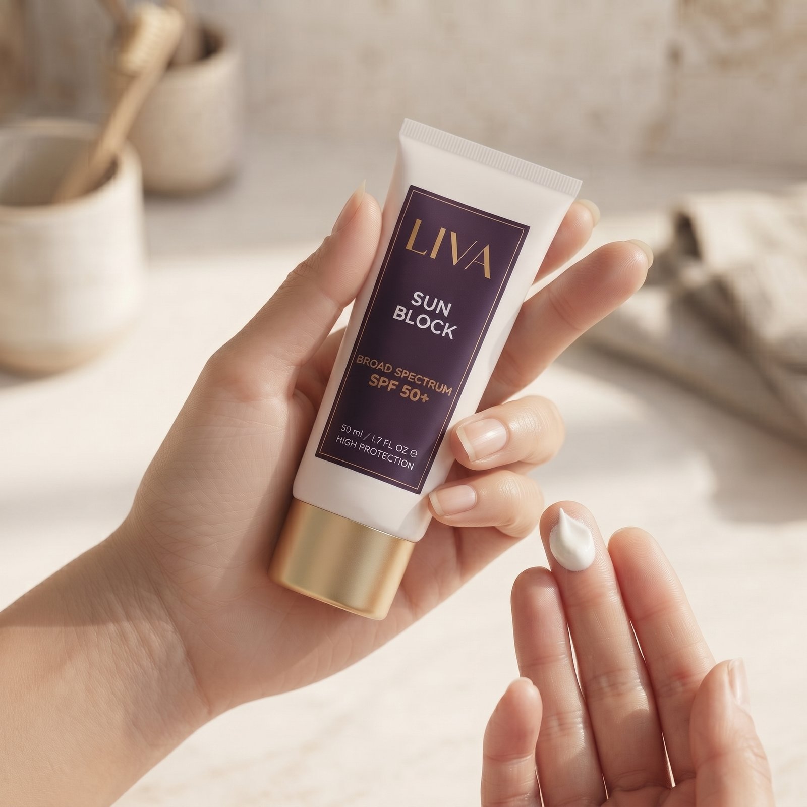 Botanical Shield Sunblock SPF 50+ bottle surrounded by natural botanical extracts and skincare ingredients