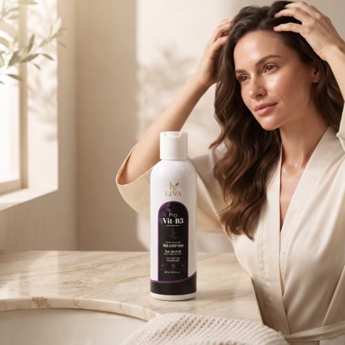 Woman in a white bathrobe holding a bottle of LIVA Pro-Vit B5 Repair Shampoo in a bright, modern bathroom setting